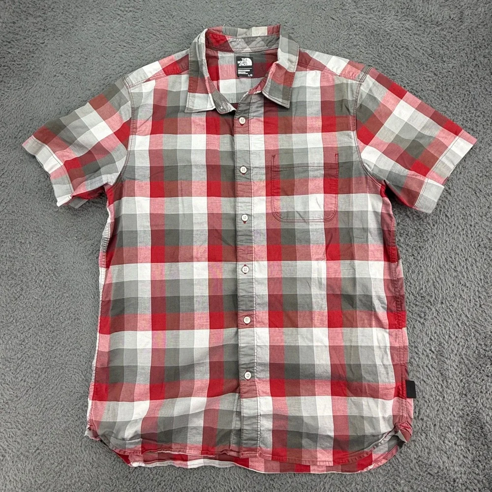 The North Face Button Down Shirt Mens Large Red Grey Plaid Short Sleeve Outdoor‎